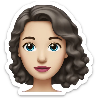 A white woman with wavy dark brown shoulder-length hair, pink lips, and blue eyes, on a white background sticker