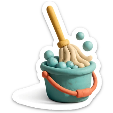 mop inside a bucket with soapy bubbles, playful arrangement, pastel palette, claymation style sticker