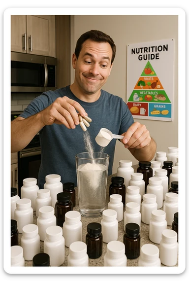 a man stands in his kitchen, enthusiastically pouring multiple supplement pills and powders into a large glass of water. The kitchen counter is cluttered with dozens of supplement bottles, and his expression is confident but slightly oblivious. In the background, a nutrition guide or food pyramid is ignored, highlighting his focus on supplements over balanced nutrition. sticker