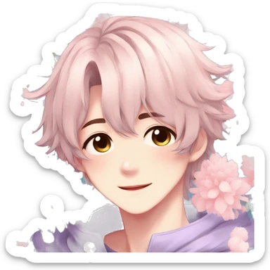 Gorgeous pastel anime style shojo guy with blushing face and flowers aesthetic trending style sticker