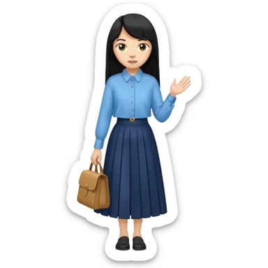 hair : black long hair with fringe 
skin : light 
cloth : oversize light blue shirt + navy long long skirt 
motion : walking 
carry: just hand sticker