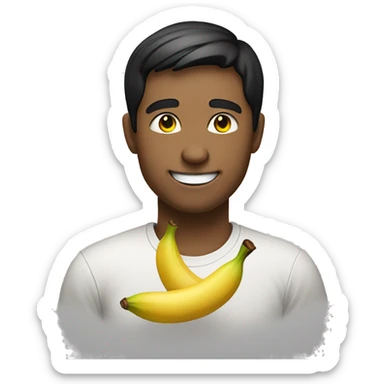 Handsome young man smiling emoji. Closed eyes, slightly blushing cheeks. Short black hair. Big smile. Wearing a t-shirt with a banana on it. Playful expression with a slight touch of defiance sticker
