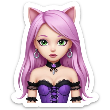 pretty bratz girl, long straight LIGHT pink HAIR, jade kitten eyes, black eyeliner, pale skin, purple corset clothes with laces sticker