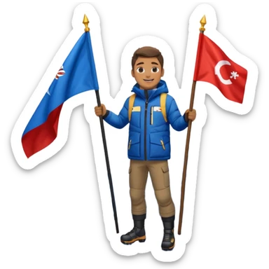 smiling man on a mountain peak with snow, holding a flag, the mountain is clearly visible under his legs sticker