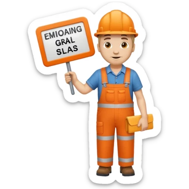 emoji style railway engineer full body in orange overalls, holding a sign in front of their chest sticker
