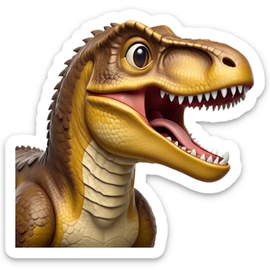 Cinematic Realistic Cute Yawning velociraptor/T-rex Portrait Emoji, Head tilted slightly with a dramatic, wide-open yawn, showcasing a massive, rugged scaled hide with subtly drooping features and half-closed, drowsy eyes rendered in authentic prehistoric detail, high shine, relaxed yet expressive, styled with a dash of ancient charm, soft glowing outline, capturing the essence of a sleepy yet affectionate velociraptor/T-rex that appears ready to stretch out and settle into a timeless nap! sticker