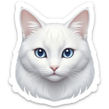 Cinematic Noble White Cat Portrait Emoji, Poised and stately, with a pristine, snow-white fur accented by delicate hints of silver, refined whiskers and a serene, focused gaze, simplified yet impeccably detailed, glowing with an ethereal radiance and timeless elegance, high shine, exuding calm intelligence and regal simplicity, soft glowing outline, capturing the essence of a noble white cat that radiates quiet majesty! sticker