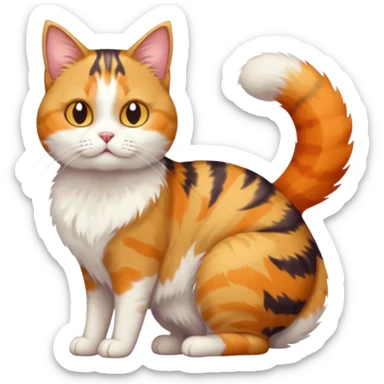 full body colourful calico tabby cat with skinny head and fat body with an anxious face sticker