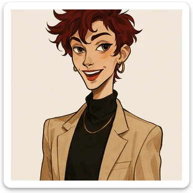 upper body portrait of a slender character with dark red hair and brown eyes, stylish and expressive sticker