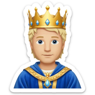 
1 Middle-aged white king, 40 years old, blond hair, blue eyes, kind and benevolent vibe, gentle smile, wearing a crown and blue robe emoji sticker