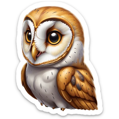 Cinematic Comical Barn Owl Portrait Emoji, Head tilted dramatically with an exaggeratedly amused expression, featuring a striking mottled plumage with bold contrasts, wide, expressive amber eyes filled with playful disbelief, Simplified yet hilariously expressive features, highly detailed, glowing with a slightly sassy glow, high shine, dramatic yet playful, stylized with an air of cheeky nocturnal mischief, bright and endearing, soft glowing outline, capturing the essence of a spirited and over-the-top owl, so meme-worthy it feels like it could hoot its way into internet fame instantly! sticker