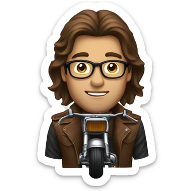 Man with long brown hair and glasses riding a motorcycle sticker