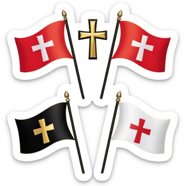 Flags: There are four flags, two on the top and two on the bottom, in the black and gold (yellow) quarters. Each flag features a gold Coptic cross.: In the center, there is a white shield or banner with a red eagle or bird, 
 sticker