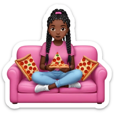 A dark skinned black girl with black box braids eating pizza on a pink couch in comfy outfit sticker