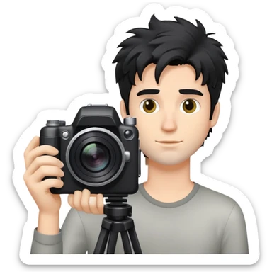 a white man with black messy hair holding a foto camera sticker