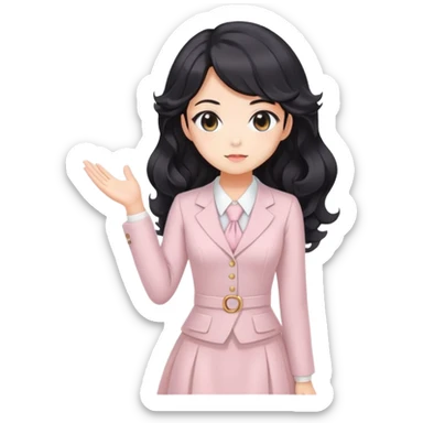 Confident kawaii anime businesswoman with beautiful black wavy hair wearing a soft feminine pastel dress, future boss lady sticker