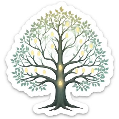 Ethereal family tree with translucent branches connecting glowing ancestor portraits, soft misty background, dreamlike genealogy chart sticker