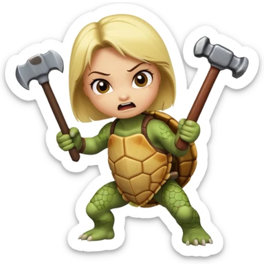 angry girl turtle(with blond balejage) hitting with hammer another turle animated cartoon sticker