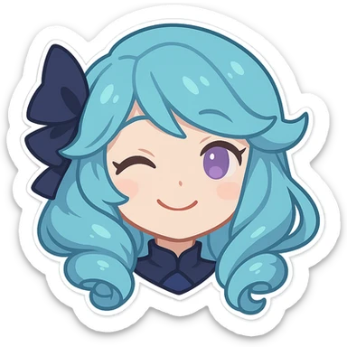 Gwen from League of Legends, happy expression, head only, right eye is purple, chibi style, eyes closed sticker