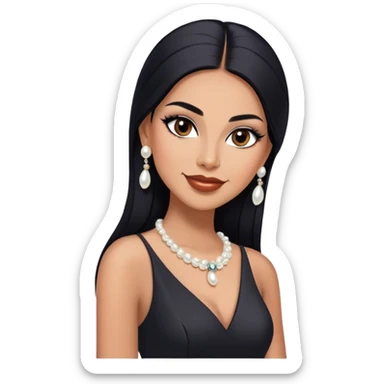 beautiful fit tall woman boss, with long straight black hair, with make up, black eye liner, smile mooth close, mexican, brown skin, wearing beautiful couture outfit and discret white pearl earings sticker