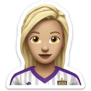 a blonde woman soccer player in white jersey with purple pinstripes and yellow collar sticker
