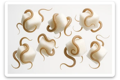 ZOLLETTE DI ZUCCHERO CON PARASSITI TIPO LA TENIA ARROTOLATE INTORNO AD OGNI ZOLLETTA, FLUTTUANO IN ARIA SU SFONDO BIANCO, IPERREALISTICO 4K sticker