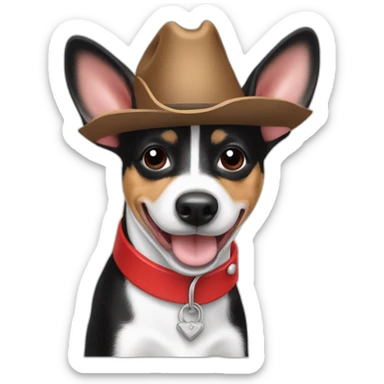 rat terrier wearing a cowboy hat and red collar smiling no brown (black and white) thumbs up sticker