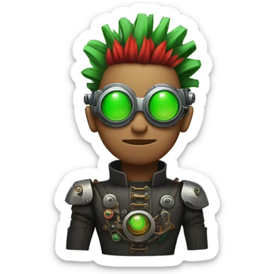 Male cyborg with thin red Mohawk and green steampunk goggles sticker