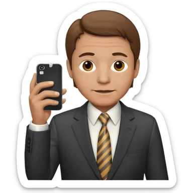 Un hombre  mayor con leve sonrisa de traje con tez clara pelo color castaño, vestido con traje camisa y corbata y celular en mano .  sticker