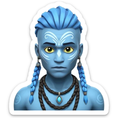 avatar-style Na’vi male portrait, head and shoulders only, blue skin, bioluminescent markings, strong face features, braided hair, tribal necklace, heroic expression, 3D cartoon, mobile game icon style, clean background, no text, no watermark
 sticker