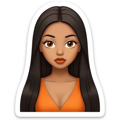 light brown skin tone, very beautiful woman, with big plump lips, long long lashes, black long straight hair, middle hair parting, brown eyes, orange dress sticker