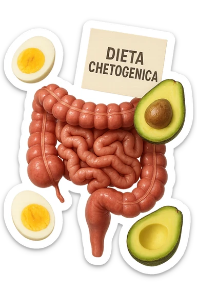 intestino umano anatomico con uova sode e avocado che gli fluttuano intorno insieme ad un foglio con la scritta "DIETA CHETOGENICA" CHE FLUTTUA IN ARIA sticker