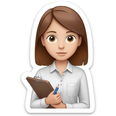 Intern or volunteer with brown hair holding a clipboard and pencil, ready to take notes or assist. The character wears a simple shirt and has an eager posture sticker