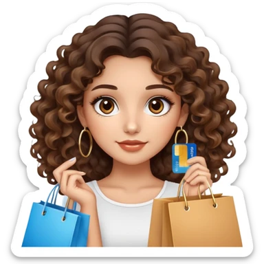 cute girl long brunette balayage curly/wavy not voluminous hair, brown eyes, hoop earrings, natural pretty clean makeup: holding a credit card and lots of shopping bags sticker