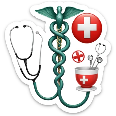 An icon featuring a caduceus (a bowl with a snake), a red cross, and a stethoscope, symbolizing medicine. The design includes medical tools and symbols, representing healthcare, diagnosis, and healing practices. Transparent background highlights the profession and study of medicine. sticker