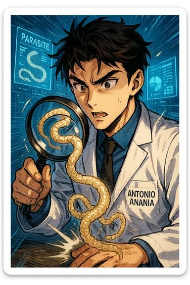 A dynamic manga/webtoon-style illustration of a young male kinesiologist wearing a clean white lab coat, analyzing light beige worms like a tapeworm under a magnifying glass. His expression is focused and slightly intrigued, with sharp, detailed eyes. The art style is vibrant, with bold linework, rich colors, and dramatic lighting. The background is a futuristic laboratory with glowing holographic screens displaying parasite data. The tapeworm is intricately drawn, slimy and segmented, with a slightly exaggerated yet realistic texture. The composition is dynamic, with motion lines or energy effects to emphasize his scientific investigation. The atmosphere is intense but not dark, keeping a balance between scientific seriousness and stylish manga aesthetics, he has "ANTONIO ANANIA" WRITTEN ON WHITE LAB COAT sticker
