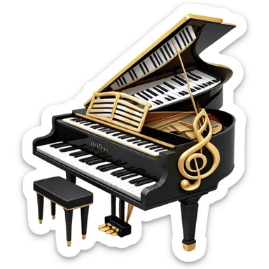 Create a sophisticated and celebratory emoji collage representing keyboard instruments, designed in the style of a coat of arms or crest. The design should feature a central, surrounded by a ribbon of musical notes. The ribbon should intertwine with a second ribbon made of black-and-white piano keys, creating a flowing, symmetrical pattern. Include delicate, elegant details such as the pedals of the grand piano, intricate woodwork, and the glossy, polished surface of the instrument. The musical notes should be swirling around the design in a harmonious, festive arrangement. Use gold, silver, and rich wood tones to evoke a sense of luxury and professionalism, with the black-and-white keys of the piano adding contrast. The background should remain transparent sticker