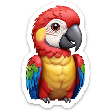 Cinematic Realistic Cute Macaw Portrait Emoji, Head tilted playfully and inquisitively, featuring a compact, lively build with intricately detailed, vivid scarlet and blue feathers and a charming, expressive face with round, sparkling eyes full of tropical wonder, rendered with realistic texture and vibrant natural hues, high shine, affectionate and spirited, styled with a touch of whimsical rainforest charm, soft glowing outline, capturing the essence of a mischievous yet lovable macaw that seems poised to flutter playfully into your arms! sticker