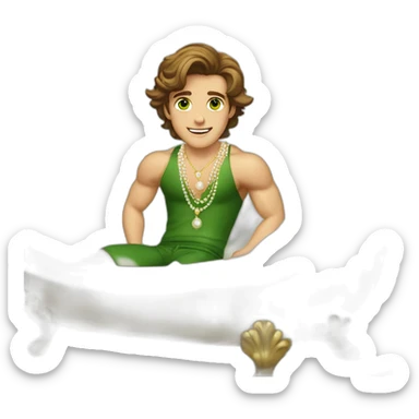Posh-muscle-boy-brown-hair-green-eyes-pearl-necklace-in-golden-bathtub-legs sticker
