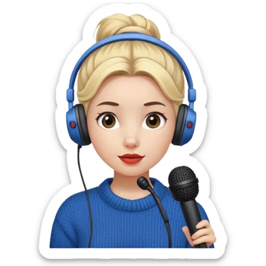 a cute face girl have bright white skin
and small and natural lips (kinda reddish) with
blue knitwear with a blonde one hair
bun and she is a podcaster in her
school. with recording microphone in
front of her not held and a headphone
in her head sticker