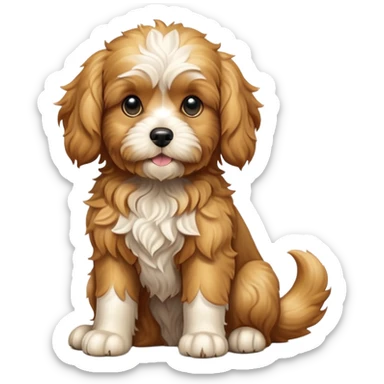 cinematic-[cavoodle dog]-realistic-full-body-sitting-emoji,-tail-resting-loosely-beside-its-paws,-head-tilted-dramatically,-wavy-[solid golden]-fur,-simplified-yet-realistic-focused-features,-highly-detailed,-glowing-with-an-almost-sarcastic-glow sticker