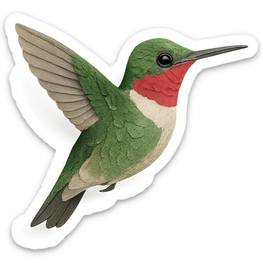 close-up of a ruby-throated hummingbird, fine paper edges, shimmering green feathers, ruby red throat, naturalistic details sticker