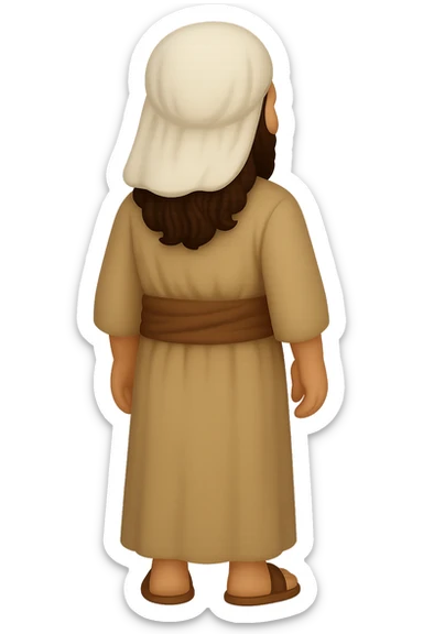 Create a back view, centered full body image of Apostle Peter in classic emoji style. He is facing away, smiling, with a detailed beard, wearing the same clothing as the reference image: a robe with a brown sash and head covering, with long sleeves. No background. The style should mimic classic emoji style. sticker