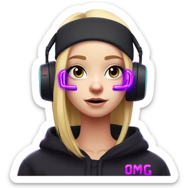 Russian cute blond student girl wearing black hoody with violet letters "OMG", in vr headset. No eyes. Cyberpunk style. Violet neon. sticker