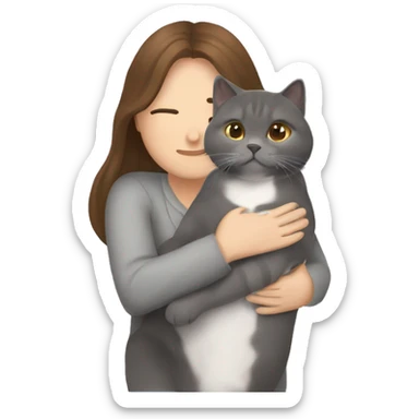 small British shorthair grey cat hugging long brown hair white woman sticker