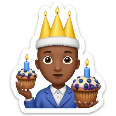 Blueberry Muffin celebrating birthday. Make sure it actually looks like a muffin with candles. Somebody holding it with party hat and bald sticker