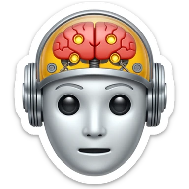 Emoji stylisé d'un cerveau robotique avec un circuit imprimé visible et un petit halo lumineux au-dessus, fond blanc sticker