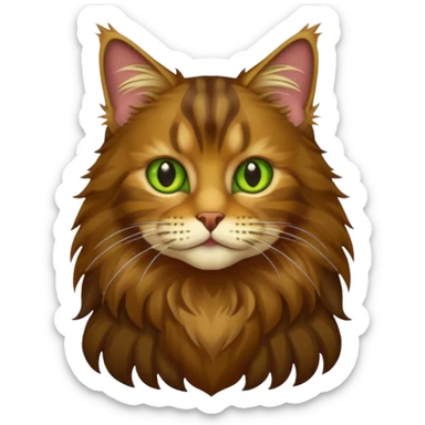 je veux un emoji chat main coon marron foncé  à poil long avec les yeux vert jaunes, je veux qu’il soit en entier assis stp  sticker