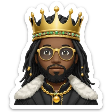 African American man with beardwith shoulder length black dreadlocks wearing black sunglasses with black bubble winter coat weariring a crown on his head sticker