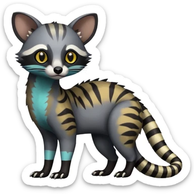 Rare warm-colored exotic edgy epic aesthetic gloomy spooky dark modern colorful cyber-Genet-Trico-Civet-species-Fakemon-hybrid-creature, with beautiful intricate markings, full body sticker